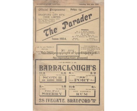 BRADFORD CITY - MAN UTD 1935-36    Bradford City home programme v Manchester United, 4/1/1936, minor repairs to top corners (