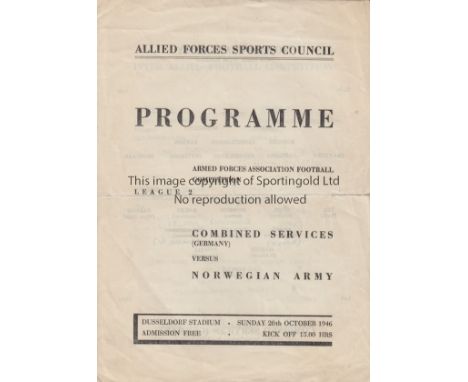 WARTIME    Programme for match between Combined Services (Germany) and the Norwegian Army, 20/10/46 in Dusseldorf, The Servic