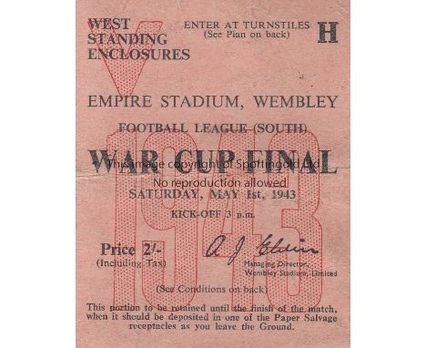1943 WAR CUP SOUTH   Match ticket for War Cup Final (South), Arsenal v Charlton, 1/5/43, at Wembley,  West Standing, slight c