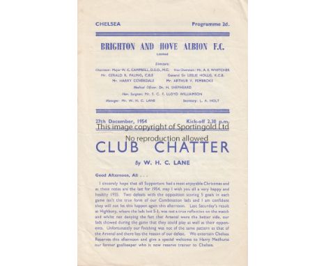 BRIGHTON / CHELSEA     4 Page programme Brighton Reserves v Chelsea Reserves Football Combination 27th December 1954. Light c