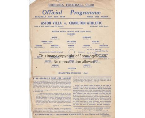 WARTIME CHALLENGE 44     Chelsea single sheet programme for the Charity Challenge match played at Stamford Bridge, 20/5/44 be