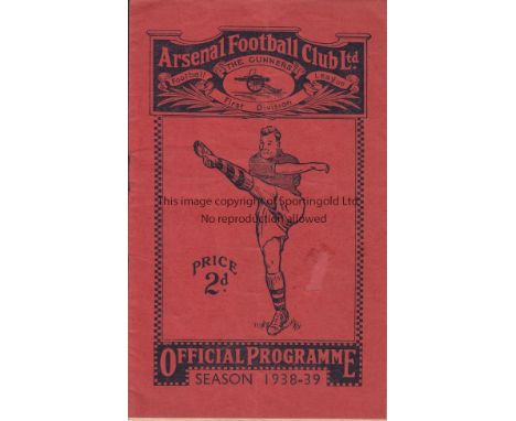 ARSENAL   Programme Arsenal v Everton 10th September 1938. Slight abrasion on front cover. Light vertical fold. No writing. F