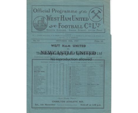 WEST HAM - NEWCASTLE 1937  West Ham home programme v Newcastle, 30/10/1937, slight fold, small piece torn off top right corne