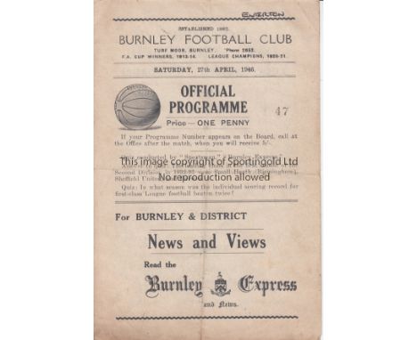 BURNLEY / EVERTON 4 Page programme Burnley v Everton 27th April 1946. Light folds.  . Fair to generally good