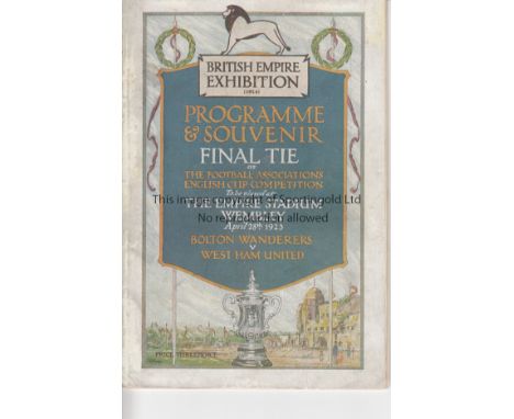 1923 CUP FINAL   Official Cup Final programme, Bolton v West Ham , 1923 Final, first at Wembley. Spine repairs, no staples, n