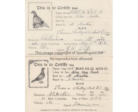 PIGEON RACING      Five cards to certify 3rd place in 3 different race points, Cheltenham, Poole and Worcester. The dates of 