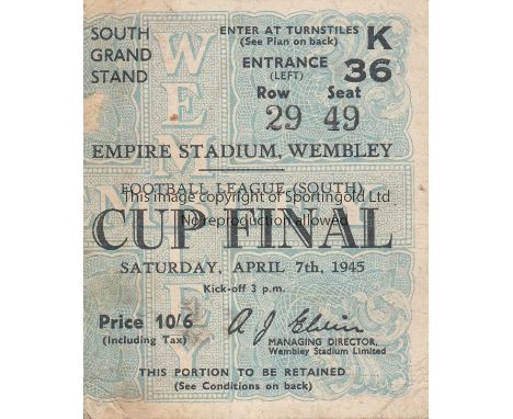 WAR CUP FINAL 45  Ticket for War Cup Final South, 1945, Chelsea v Millwall, 7/4/45 at Wembley, reserved seat .   Good