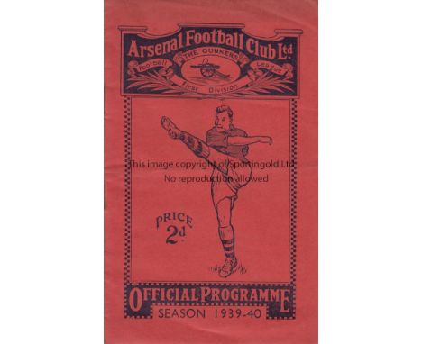 ARSENAL / BLACKBURN 1939  Programme from the 3 game season of 1939/40 Arsenal v Blackburn 30th August 1939. Light horizontal 