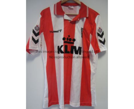 BRENTFORD PLAYER ISSUE SHIRT         Red and white stripes short sleeve Hummel shirt worn in season 1993/4 with KLM shirt spo