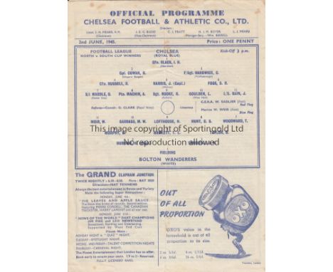 1945 CHALLENGE MATCH   Single sheet Chelsea programme for Challenge match between Bolton and Chelsea, 2/6/45 at Stamford Brid