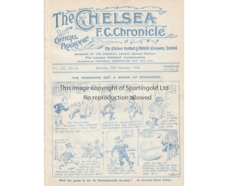 CHELSEA - PORTSMOUTH 1924-5   Chelsea home programme v Portsmouth, 28/2/1925, first home defeat of the season for Chelsea who
