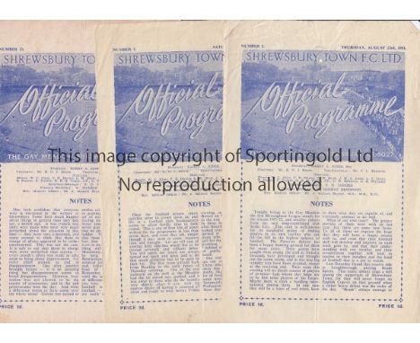 SHREWSBURY   3 Shrewsbury Town Reserves home programmes from the 1951/52 season all Birmingham League v Walsall and Worcester