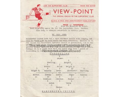 MANCHESTER UTD 1949/50                 Sunderland v Manchester United. Rare official Sunderland Supporters' Club organ ''View