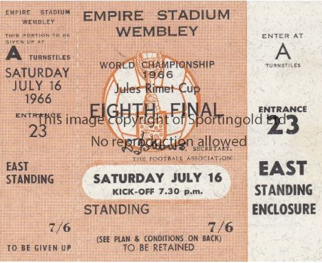 1966 WORLD CUP     Unused ticket for England v Mexico 16/7/1966 at Wembley.    Good