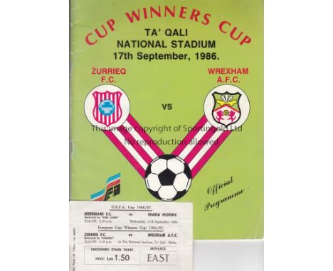ZURRIEQ - WREXHAM   1986    Programme and match ticket, Zurrieq FC (Malta) v Wrexham, 17/9/86, Cup-Winners Cup.   Generally g