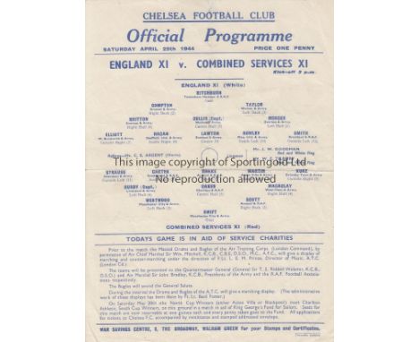 CHELSEA   Single sheet programme at Stamford Bridge England X1 v Combined Services 29th April 1944. Players from Wolves, Tott