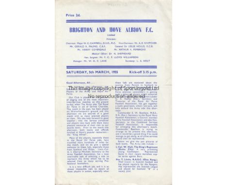 BRIGHTON    4 Page programme for the Representative match at the Goldstone Ground RAF v Army 5th March 1955. The Army boasted