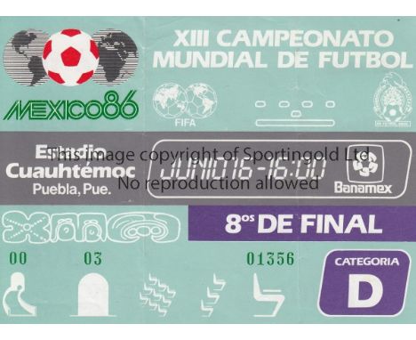 WORLD CUP 1986     Original ticket for Argentina v Uruguay at Estadio Cuauhtemoc, Puebla Round of 16, 16th June. Very slight 