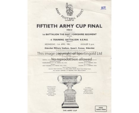 ARMY CUP FINAL   4 Page programme 1st Battalion The East Yorkshire Regiment v  4 Training Battalion R.E.M.E Army Cup Final at