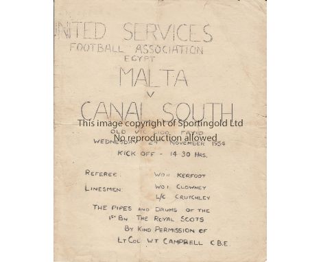 FOOTBALL - EGYPT   Programme, Canal South v Malta, 24/11/53 at Fayid, Egypt. The Canal South team made up of British soldiers