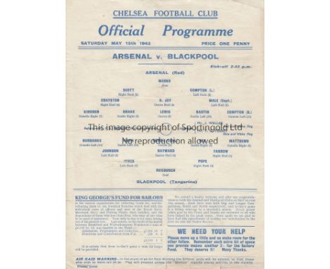 1943 CHALLENGE MATCH   Single sheet Chelsea programme for Challenge match between the winners of the War Cups North and South