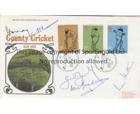 CRICKET AUTOGRAPHS    County Cricket first day cover issued in 1973 and signed on front by Don Bradman, Len Hutton, Geoff Boy