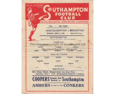 SOUTHAMPTON / BRIGHTON    Single sheet programme Southampton v Brighton & Hove Albion 2nd April 1945. War League. Horizontal 