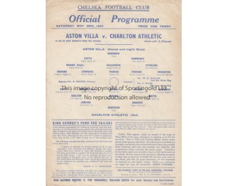 1944 CHALLENGE MATCH   Single sheet Chelsea programme for Aston Villa v Charlton, 20/5/44 at Stamford Bridge, Challenge match