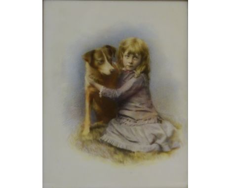 Portrait of a Girl and Dog, 19th century over painted photographic print on porcelain signed and dated 1884 by Frank Meadow S