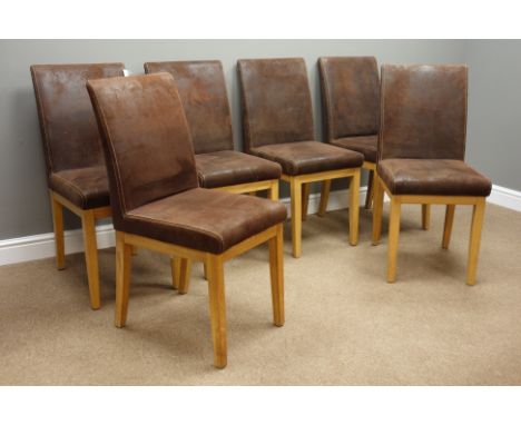Set six light oak and brown suede dining chairs   Condition Report   Click here for further images, condition, auction times 