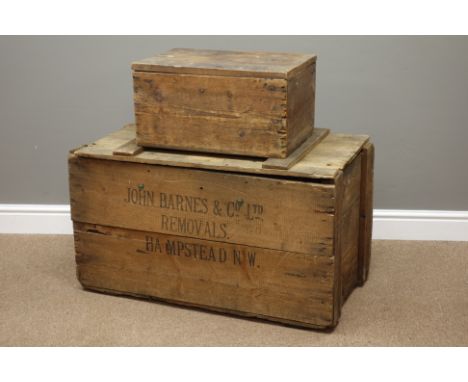 20th century rustic pine trunk 'John Barnes & Co.. Hampstead' (W91cm, H50cm, D49cm), and another pine box    Condition Report
