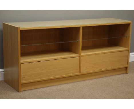 Light oak side cabinet with glass shelves and two drawers, W140cm, H62cm, D39cm