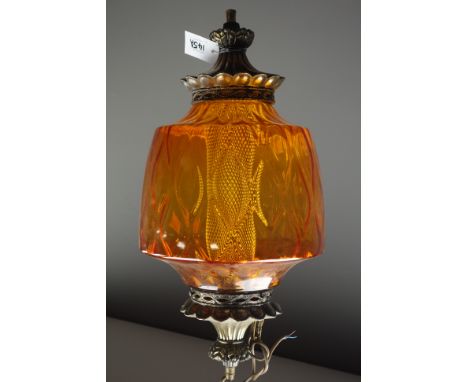 Bronzed metal and orange glass hanging lantern, H54cm    Condition Report   Click here for further images, condition, auction
