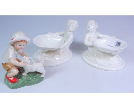 Pair of Royal Worcester blanc de chine figural table salts, no.349 and a Royal Worcester figure 'Snowy' no. 3457 (3)   Condit