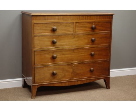 19th century mahogany chest, two short and three long drawers, shaped apron, splayed bracket feet, W115cm, H105cm, D52cm   Co
