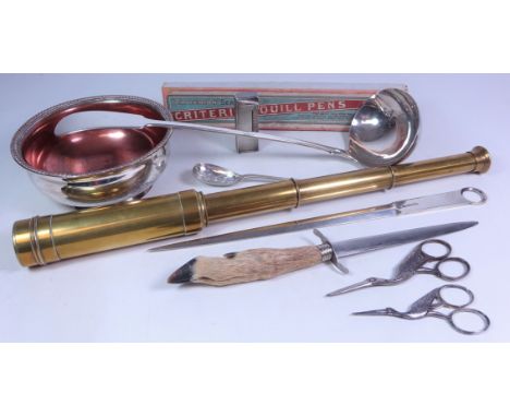 Three draw brass telescope, Dunhill lighter, deer foot letter opener, silver-plated ladle, pair of graduating 19th century se