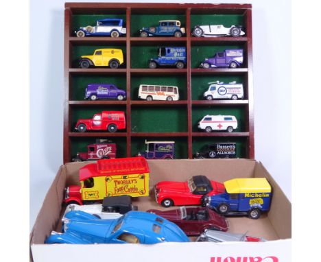 Collection of Matchbox, Lledo, Burago and other unboxed die cast vehicles and a display shelf (21)   Condition Report   Click