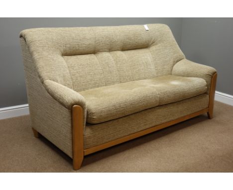 'Cintique Sophie' light oak framed lounge suite upholstered in Cocoa plain fabric - three seat sofa (W175cm), pair armchairs 