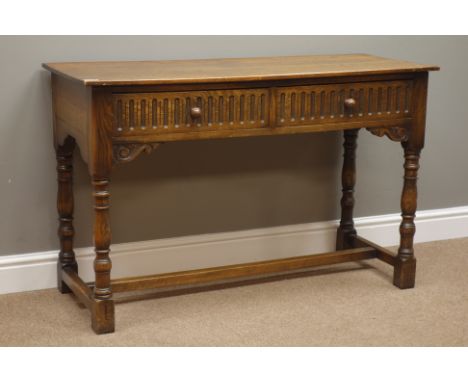 Medium oak console table, single drawer, turned supports, W115cm, H73cm, D45cm   Condition Report   Click here for further im