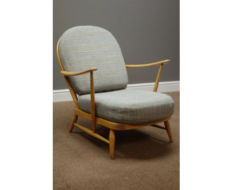 Ercol 'Windsor' beech easy armchair with upholstered loose cushions   Condition Report   Click here for further images, condi