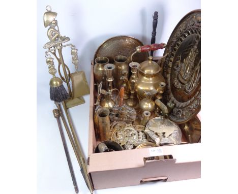 Early 19th Century brass candlestick, pair brass vases, kettle, brass chargers, companion stand and other brassware in one bo