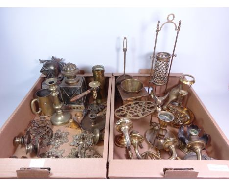 Brass model of a Blacksmith, brass wall sconces, trivet, lantern, figures, chamber sticks, onyx chess sets, and other brass a