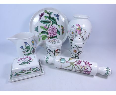 Portmeirion Botanic Garden tall vase, butter dish, rolling pin, sugar sifter, cake plate etc (7)   Condition Report   Click h