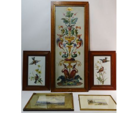 Centre Piece Decorated with Cranes and Exotic Birds, late 19th century oil on ceramic tile unsigned 96cm x 34cm, two similar 