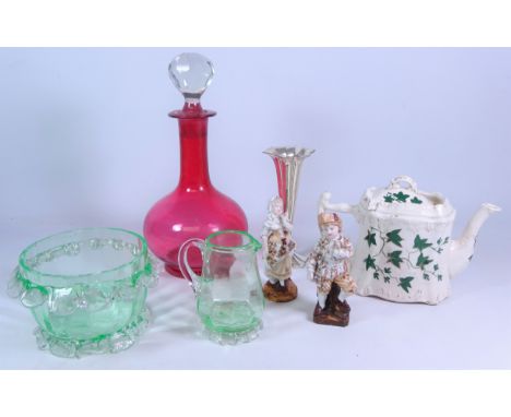 19th/ early 20th Century cranberry glass decanter, similar age green glass bowl and jug with frill borders, pair of continent