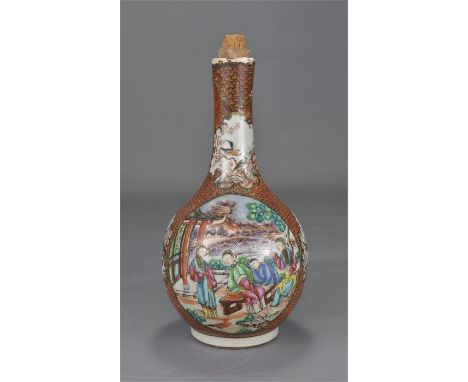 A Chinese 18th century famille rose porcelain bottle vase. 24cm height. (some damage and repair to rim)