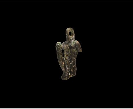 1st-3rd century AD. A bronze pendant in the form of a male torso, with large erect penis; suspension ring to the neck.  14 gr