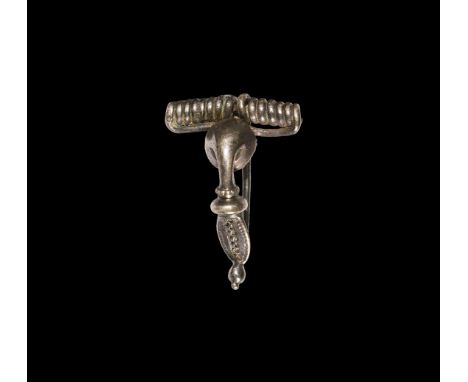 2nd century AD. A silver trumpet brooch with coiled spring and pin, trumpet-shaped bow with notched rim, baluster above a lea