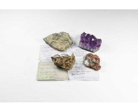 . A mixed group comprising: a cut and polished block of 'wood tin', cassiterite and quartz from Sancreed, Cornwall, UK; a blo