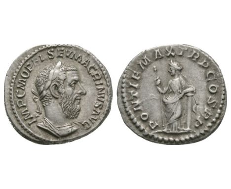 217 AD. Rome mint. Obv: IMP C M OPEL SEV MACRINVS AVG legend with laureate and draped bust right. Rev: PONTIF MAX TR P COS P 